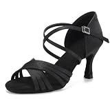Women's Satin Latin Dance Shoes Ballroom Salsa Practice Heels, Black, 7US