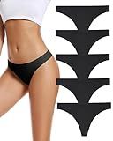 Black No Show Underwear Thongs for Women,Seamless Ladies Thong,Invisible No Line Breathable Comfortable Panties,Soft Gym Workout Undies Underpants for Woman, Athletic Running Wide Gusset Tangas,5-Pack