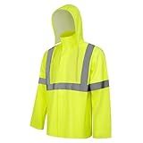 Uno Mejor High Visibility Rain Coat, High Vis Rain Suit for Men, Waterproof Rain Jacket with Hood, Class 3 Lightweight Hi Vis Rain Gear for Outdoor Activities& Safety Work, Men Women, Yellow T, S-M