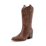 DREAM PAIRS Cowboy Boots for Women Cowgirl Western Boots Fashion Embroidery Stitched Chunky Heel Mid Calf Boots,Size 9,Brown-Pu,DWUMMB2504