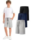 Auranso 3 Pack Boys Athletic Shorts Quick Dry Mesh Basketball Short for Kids Active Soccer Shorts Sports Clothes with Pockets 9-10 Years Black Navy Light-Grey