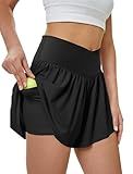 DLOODA Women's Athletic Running Shorts with Pockets Crossover Butterfly Flowy Shorts Cute Summer Skorts Black S