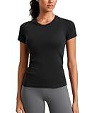 CRZ YOGA Seamless Workout Tops for Women Hip Length - Athletic Running Gym Yoga Short Sleeve Shirts Breathable Crewneck Tees Black Medium