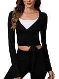 Women's Pilates Wrap Tops V-Neck Cross Tie Long Sleeve Shirt for Ballet Dance Yoga Workout (Black, S)