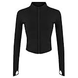 Gihuo Women's Athletic Full Zip Lightweight Workout Jacket Cropped Gym Yoga Track Jacket with Thumb Holes (Black, Medium)