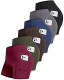 CHRLEISURE 6 Packs Womens Biker Shorts with Pocket, 5 Inch High Waisted Tummy Control Spandex Yoga Workout Shorts (BlackGreyNavyWineJGreenBrown-L)