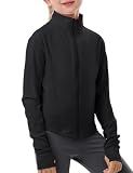 Gihuo Girls Zip Up Workout Jacket Lightweight Athletic Horse Riding Jackets Cropped Gym Yoga Track Shirts with Thumb Holes(Black-9-10Y)