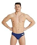 ARENA Men’s Team Solid Swim Brief MaxLife Athletic Swimwear Professional Training Swimsuit Sports Bathing Suit, Navy/White, US Size 26