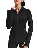 PINSPARK Workout Jackets for Women Athletic Running Gym Yoga Jacket Lightweight Full Zip Slim Fit Sports Tops Thumb Holes Pockets, Black, X-Large