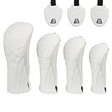 Golf Club Head Covers - 4pcs PU Leather Stars Golf Headcovers for Woods and Driver Fairway Hybrid Golf Clubs with Interchangeable Tags - White