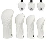 Golf Club Head Covers - 4pcs PU Leather Stars Golf Headcovers for Woods and Driver Fairway Hybrid Golf Clubs with Interchangeable Tags - White