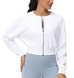 THE GYM PEOPLE Women's Cropped Jackets Full Zip Long Sleeve Ribbed Workout Sweatshirts Lightweight Casual Tops White