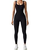 AURUZA Jumpsuit for Women Workout Seamless Jumpsuit Yoga Ribbed One Piece Tank Tops Rompers Sleeveless Exercise Tummy Control Jumpsuits Square Neck Leggings Romper，Black，M