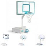 Dunn-Rite Splash & Shoot Pool Basketball Hoop, Adjustable Height Backboard – 200lbs Water-Filled Base, Stainless Steel Rim & Waterproof Basketball, Made in USA, Clear Aqua