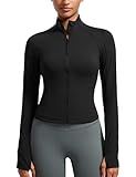 CRZ YOGA Butterluxe Womens Cropped Slim Fit Workout Jacket Weightless Track Athletic Full Zip Up Tops with Thumb Holes Black Medium