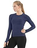 MathCat Seamless Workout Shirts for Women Long Sleeve Yoga Tops Sports Running Shirt Breathable Athletic Top Slim Fit(small,Navy)