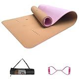 Numat Cork Yoga Mat 6mm (1/4 inch) Thick 72x24 in, Sweatproof NonSlip Eco-friendly, Lightweight TPE foam with Alignment Lines, Gym and Exercise, Black Carrying Bag w. Strap Included