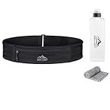 Zelvot Running Belt with 355ml Water Bottle, Extension Strap & Phone Holder, Adjustable Running Fanny Pack with Gym Towel, Waterproof Belt Bag for Women Men for Jogging Hiking Marathon (Black, Medium)