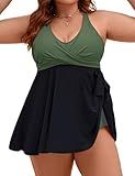 Edelqual Womens Plus Size Tankinis Swimsuit Two Piece Tummy Control Bathing Suits Swim Dress Swimwear Maternity Cute Cruise Swimdress with Shorts (Army Green & Black,3XL)