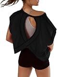 Kumufenc Women Short Sleeve Workout Shirts Open Back Tops Casual Yoga Y2k Athletic Gym Slouchy Crop Running Tees(Black,L)