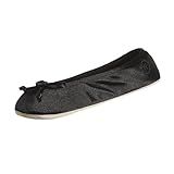 isotoner Women's Classic Stretch Satin Ballerina Slippers with Bow Tie and Leather Sole, Black, 8-9