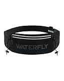 WATERFLY Running Belt Fanny Pack: Breathable 3 Pocket Waist Bag for Men Women Workout Exercise Fitness Phone Holder Fits ALL Phones - Runner Marathon Jogging Race Belt With Bib Clip Black