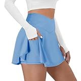 DLOODA Tennis Skirt for Women with Pockets Shorts Crossover High Waisted Athletic Golf Skorts Running Workout Skirts 2 in 1 Sky Blue