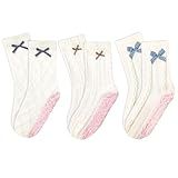 COARVXA 3 Pairs Cute Pilates Grip Socks for Women Ruffle Textured Bow Non Slip Grip Socks Fits US Sizes 5-8 for Yoga, Barre, Barefoot