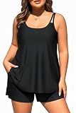 Tempt Me Women Plus Size Tankini Swimsuits Two Piece Flowy Bathing Suit with Short Black 20W