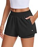 Stelle Women's 2 in 1 Running Shorts Athletic Workout Gym Shorts High Waisted Shorts with Liner Zipper Pockets (Black, Medium)