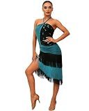 ROYAL SMEELA Halter Latin Dance Dress Asymmetrical Fringe Dresses with Rhinestones, for Salsa, Bachata, Performances Blue