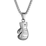 HZMAN Boxing Glove Cross Pendant, I CAN DO ALL THINGS STRENGTH Bible Verse Stainless Steel Necklace 22+2" Chain