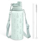 SANDJEST Tennis Stainless Steel Water Bottle with Strap 32oz, Insulated Bottles with Straw and Spout Lid for Gym Sports Travel Outdoor, Gifts for Women Girls Birthday Christmas