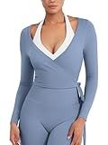YEOREO Women Pilates Wrap Top Long Sleeve Tie Ballet Workout Yoga Shirt Michelie Y2K V Neck Cropped Tops Granite Blue M