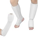 Cozypower 2 Pairs Taekwondo Sparring Gear for Kids Shin Guards and Fist Forearm Guards Protector Hand Foot Padded Arm Sleeves for Martial Arts MMA Karate Muay Thai(Small,White)