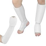 Cozypower 2 Pairs Taekwondo Sparring Gear for Kids Shin Guards and Fist Forearm Guards Protector Hand Foot Padded Arm Sleeves for Martial Arts MMA Karate Muay Thai(Large,White)