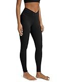 ODODOS Women's Cross Waist Full Length Yoga Leggings with Inner Pocket, Inseam 28" Gathered Yoga Pants, Black, Medium