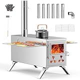 Upgraded Wood Stove, Hot Tent Stove Camping Portable Stainless Steel Wood Burning Stove with 7 Chimney Pipes for Wall Tent Camping, Hunting, Heating, Cooking, Ice Fishing, Boiling Water - Large
