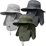3 Pack Mens Outdoor Wide Brim Fishing Hat,UPF 50+ Sun Protection Cap with Face Neck Flap for Hiking & Garden