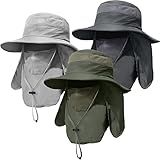 3 Pack Mens Outdoor Wide Brim Fishing Hat,UPF 50+ Sun Protection Cap with Face Neck Flap for Hiking & Garden