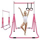 QILEBA Gymnastics Bar for Kids, Adjustable Height Gymnastic Horizontal Bars, Folding Gymnastic Junior Training Monkey Bars Equipment for Home Indoor/Outdoor Using, Pink