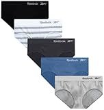 Reebok Hipster Panties for Women - 5 Pack Stretch Performance Seamless Underwear with Relaxed Tagless Waist (S-XL), Size Medium, Jacquard/Blue/Blackened Pearl/Black/White Stripe