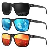 Fanshen Square Polarized Sunglasses for Men, 3 Pack Lightweight UV Protection Sun Glasses for Driving Fishing Golf (Black/Ice Blue/Red)