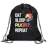 rofiowa Eat Sleep Rugby Repeat Drawstring Backpack For Men Women, Waterproof Sport Sackpack For Rugby Lover Rugby Fan, Funny Birthday Christmas String Gym Bag Gifts For Her Him