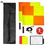 Soccer Referee Kit Included 2 Pcs Checkered Linesman Soccer Flags, Coach Stainless Steel Referee Whistle, Red Yellow Ref Cards with Pencil and Notebook , Coin flipper with Storage Bag