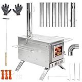 unho Stainless Hot Tent Stove 15in Wood Burning Stove with 6 Chimney Pipes for Outdoor tent heater for camping Prevent rusting