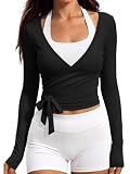 EFAN Womens Double Layer Pilates Wrap Tops Long Sleeve Workout Tie Shirt | Lycra Blend, Ballet Ballerina Dance Outfits, Yoga Cover Up, Cropped Athletic Gym Shrugs, 2026 V Neck Cute Clothes