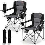 VEVOR Oversized Camping Folding Chair, Portable Heavy Duty Outdoor Quad Lumbar Back Padded with Side Pockets, Cup Holder and Cooler Bag for Beach, Lawn, Picnic, Fishing, Backpacking, 2 Pack