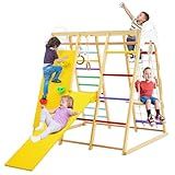 GLACER 8-in-1 Jungle Gym, Wooden Indoor Climbing Gym w/Slide, Swing, Monkey Bars, Rope Ladder, Climbing Rock & Net, Gymnastic Rings, Sturdy Indoor Playground for Boys Girls Ages 3+ (Colorful)