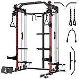 Mikolo Power Cage, 2000LB Power Rack with Independent Dual Pulley System, Multi-Function Home Gym Workout Machine for Cable Crossover (Red)